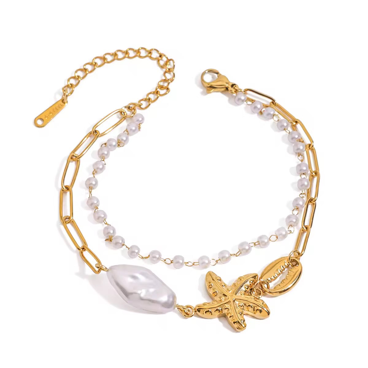 Double layer Ocean 18k Gold Plated Stainless Steel Imitation Pearl Bracelet - Hypoallergenic- Tarnish Free