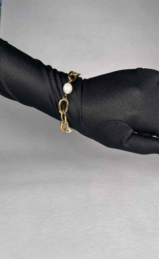 Chunky Stainless Steel 18k Gold Plated Real Freshwater Pearl Bracelet for Trendy Fashion