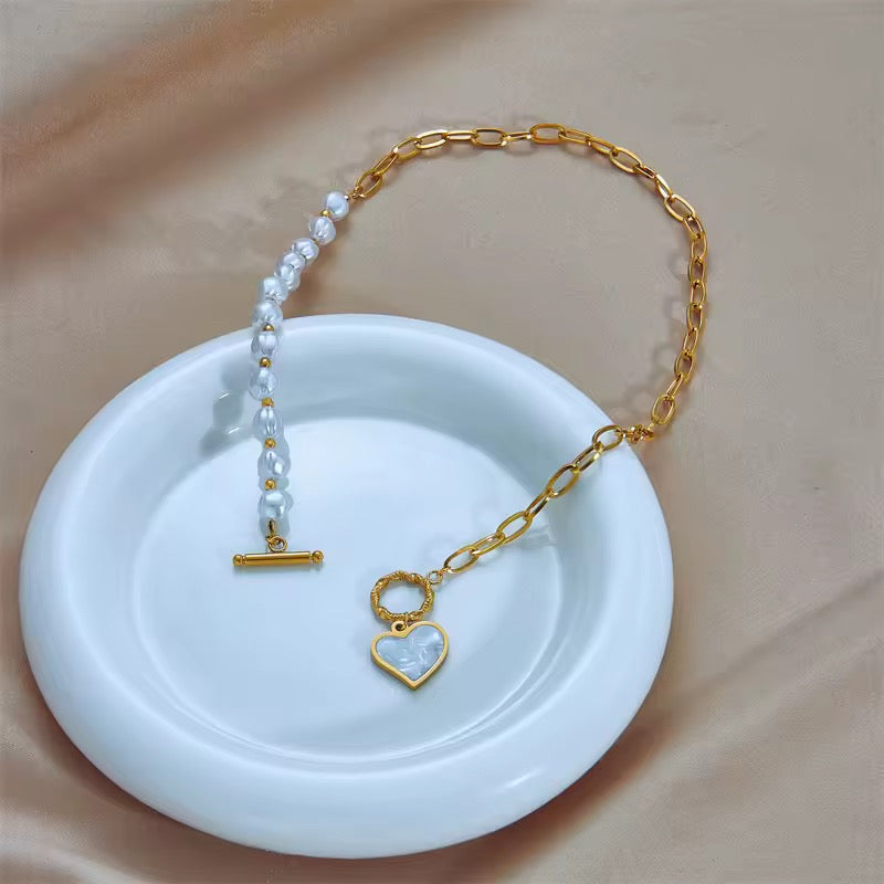 OT Buckle Shell Heart Pearl Necklace Bracelet Set