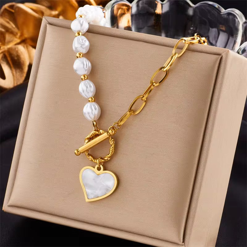OT Buckle Shell Heart Pearl Necklace Bracelet Set