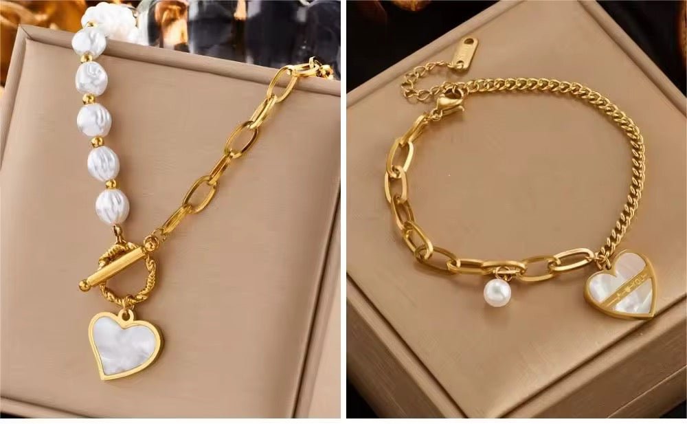 OT Buckle Shell Heart Pearl Necklace Bracelet Set