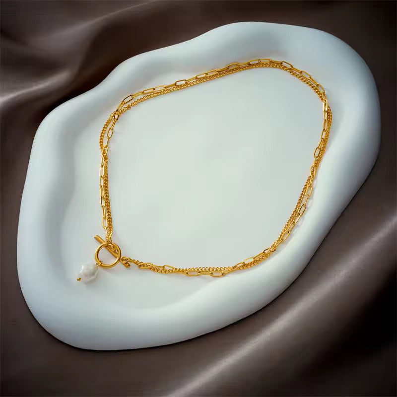 Two layer 18k Gold Plated Baroque Pearl OT clasp Necklace