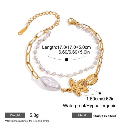 Double layer Ocean 18k Gold Plated Stainless Steel Imitation Pearl Bracelet - Hypoallergenic- Tarnish Free
