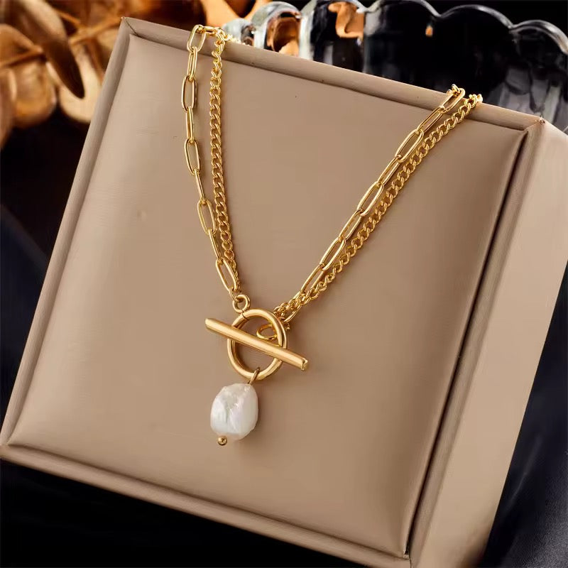 Two layer 18k Gold Plated Baroque Pearl OT clasp Necklace