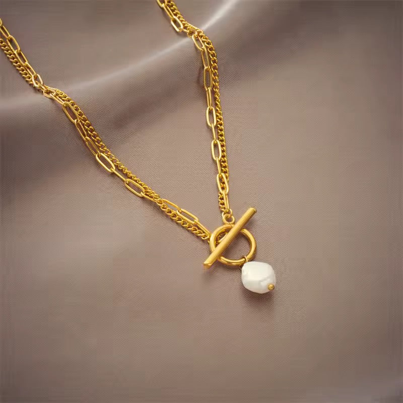 Two layer 18k Gold Plated Baroque Pearl OT clasp Necklace