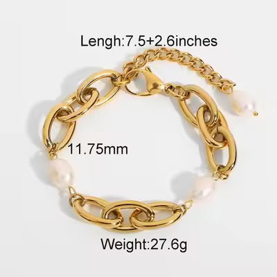 Chunky Stainless Steel 18k Gold Plated Real Freshwater Pearl Bracelet for Trendy Fashion