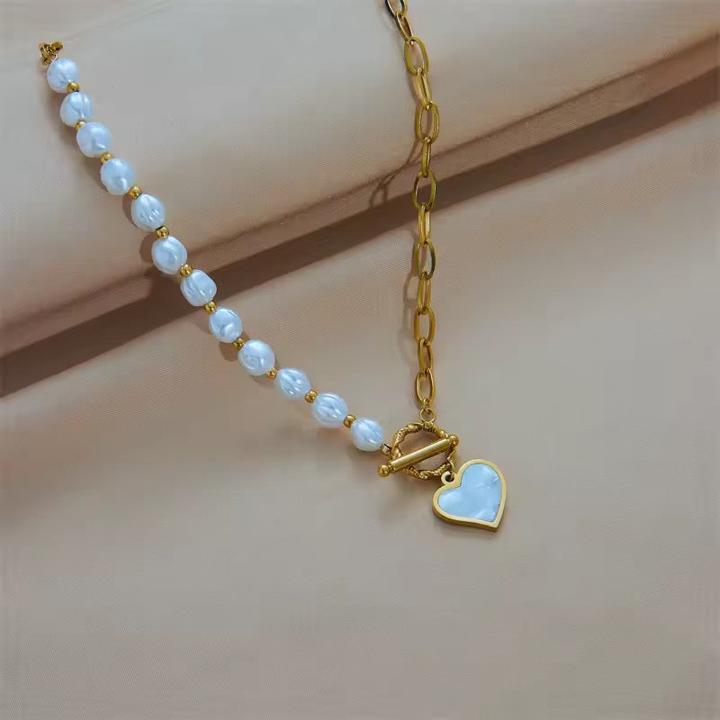 OT Buckle Shell Heart Pearl Necklace Bracelet Set